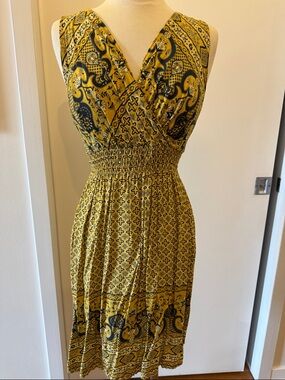 Yellow and Navy Printed V-Neck Smocked Waist Dress